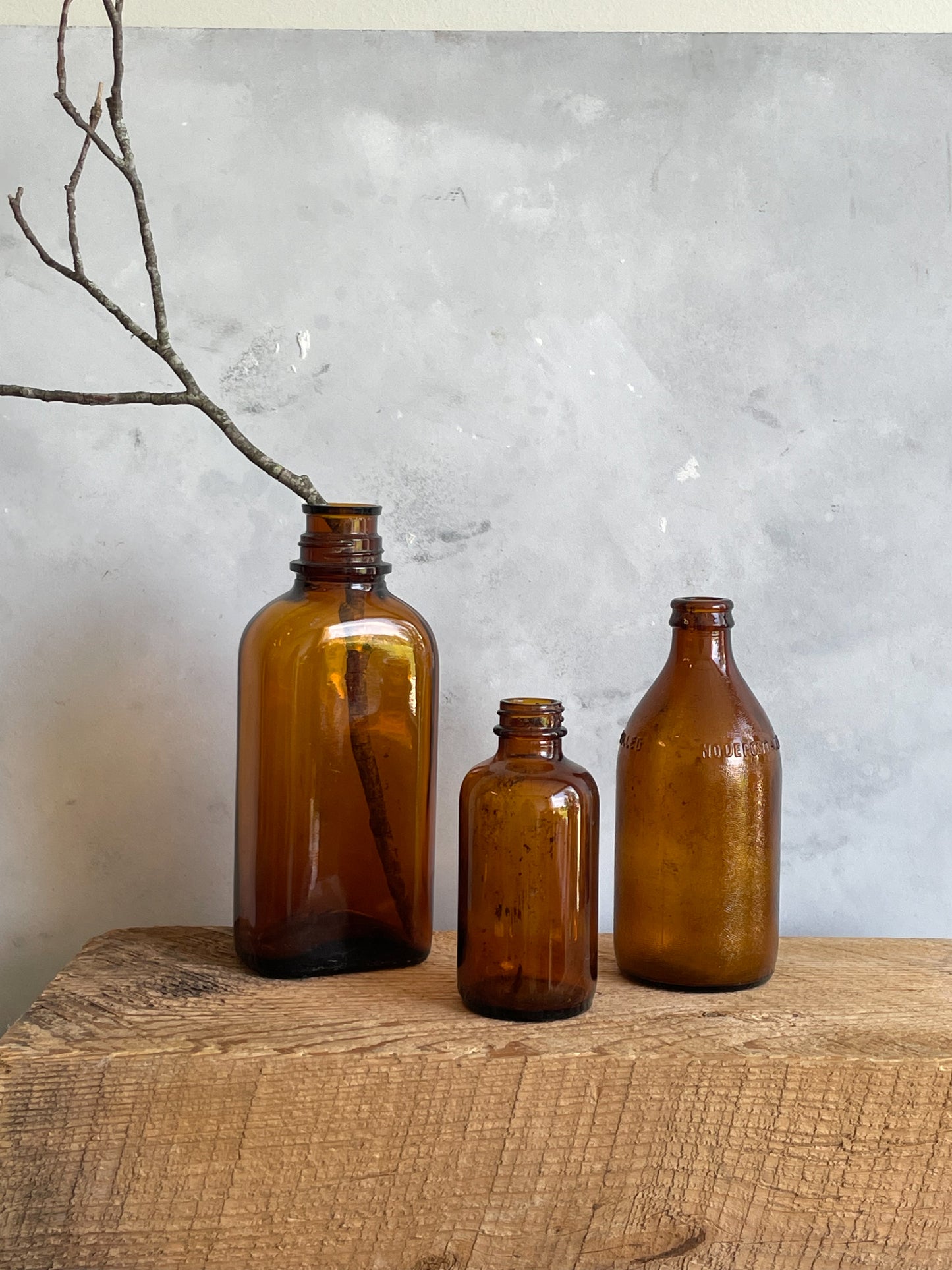 antique amber glass bottles | set 3