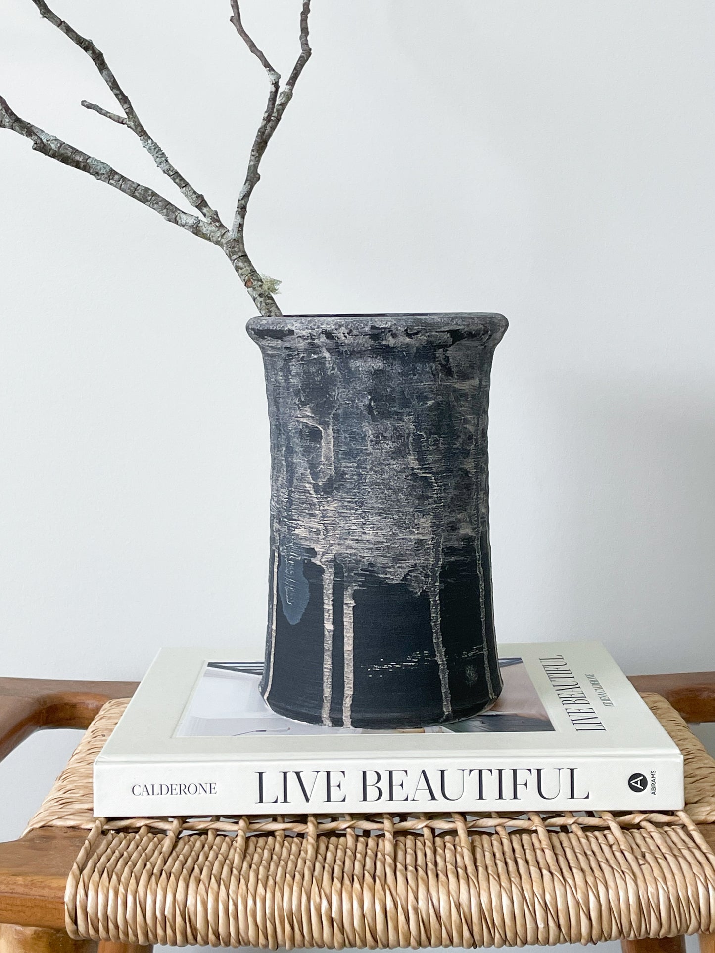 midnight| aged black tall textured vase 07