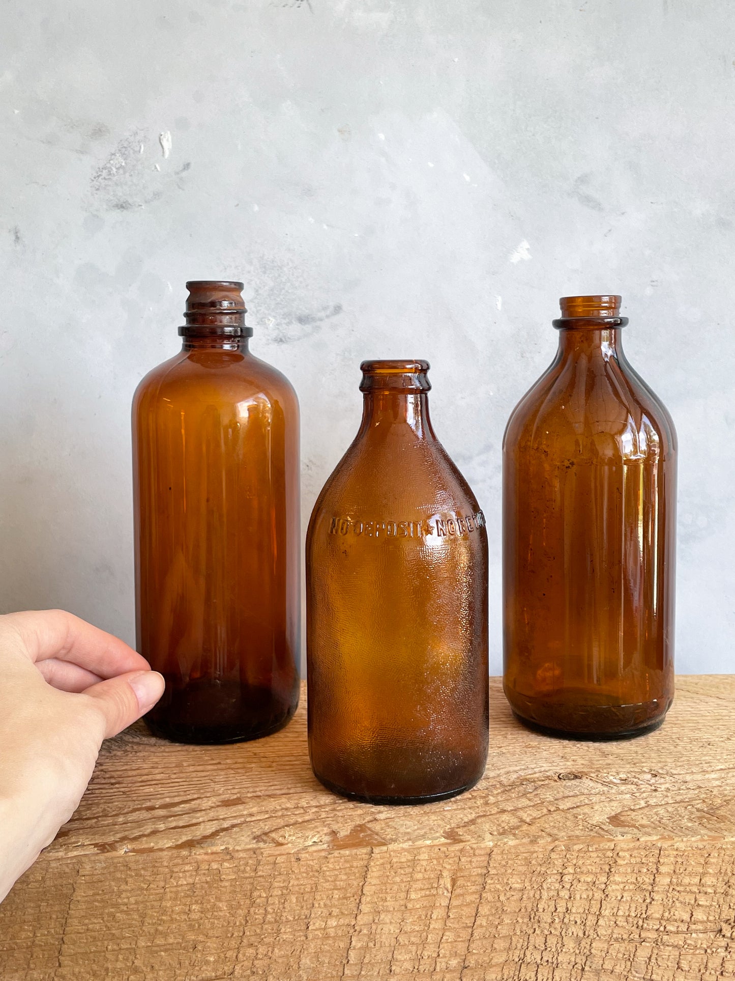 antique amber glass bottles | set 4